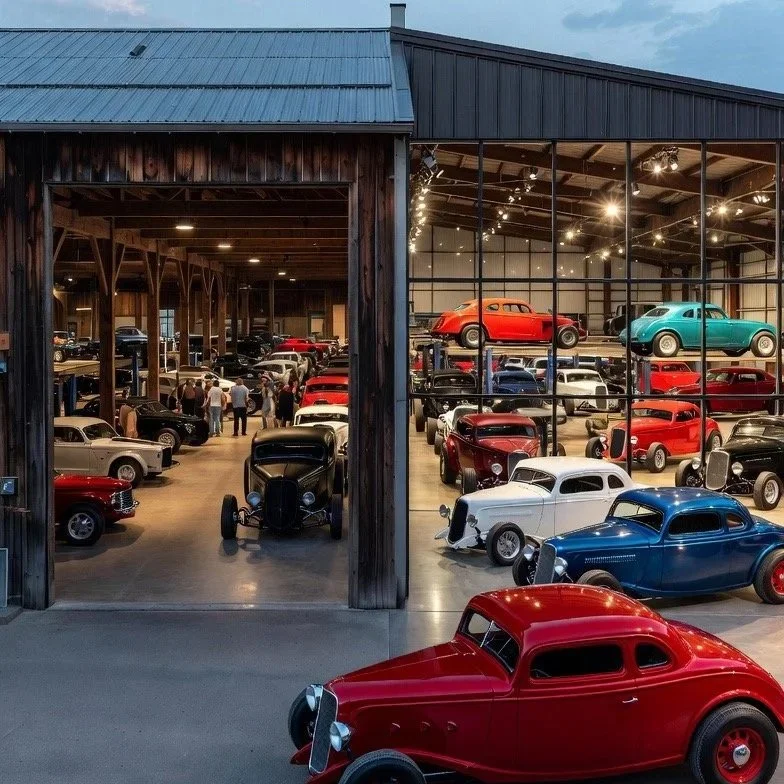 redm white, blue, black, green, teal, red, cream hot rod 2 door coupes and sedans in a 2 story car museum with pnw car smart