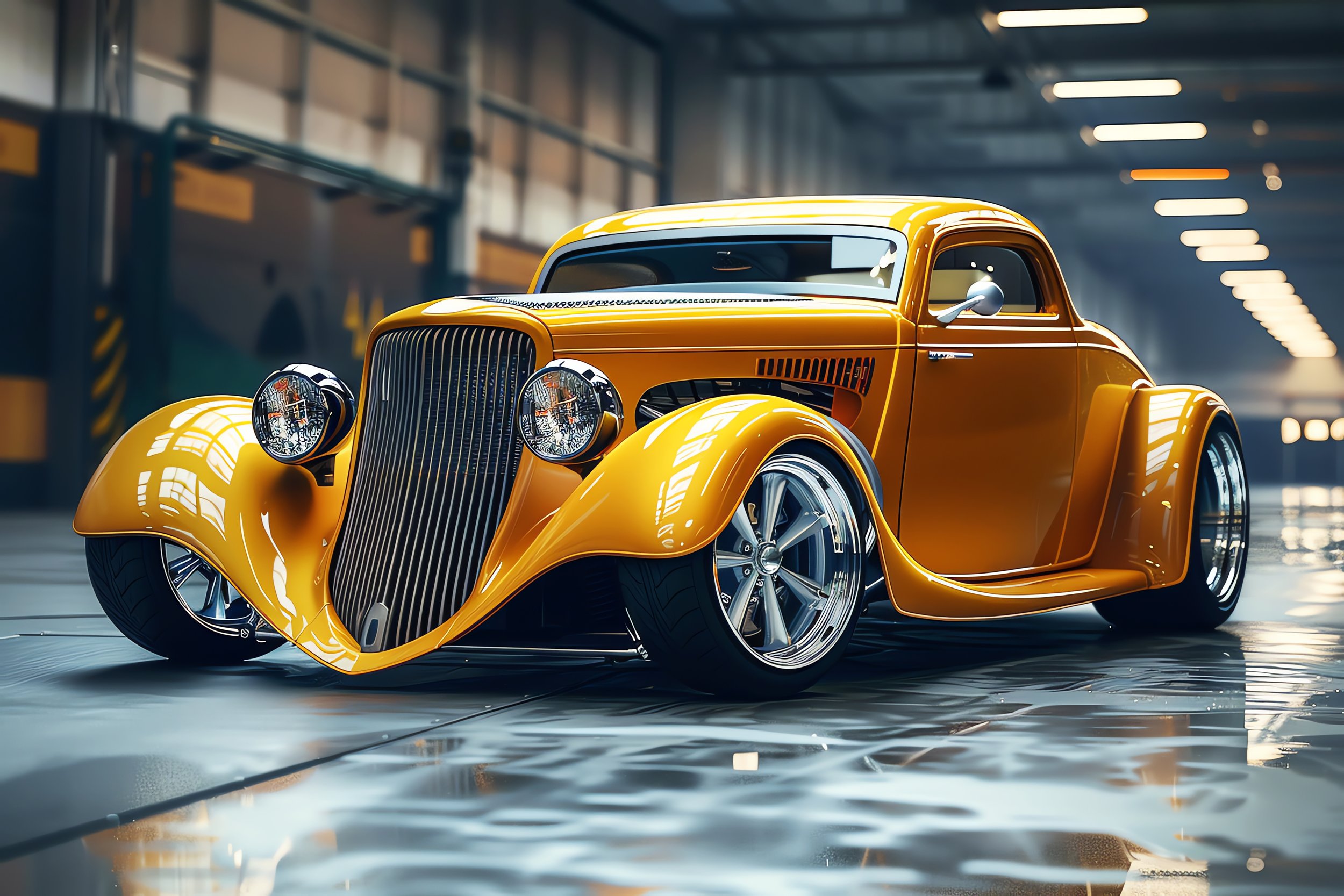 YELLOW HOT ROD CAR POSING BIG BUILDING SEXY CAR
