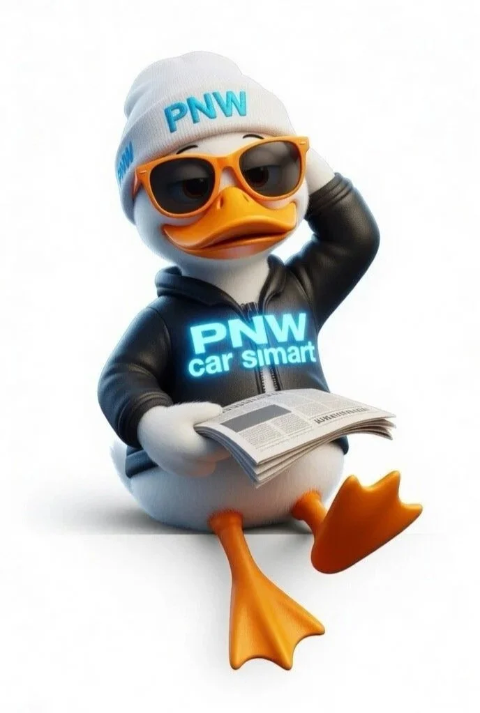 Cartoon duck wearing sunglasses, a beanie with 'PNW' on it, a black hoodie with 'PNW car smart' logo, holding a newspaper, sitting with one leg tucked under and one extended.