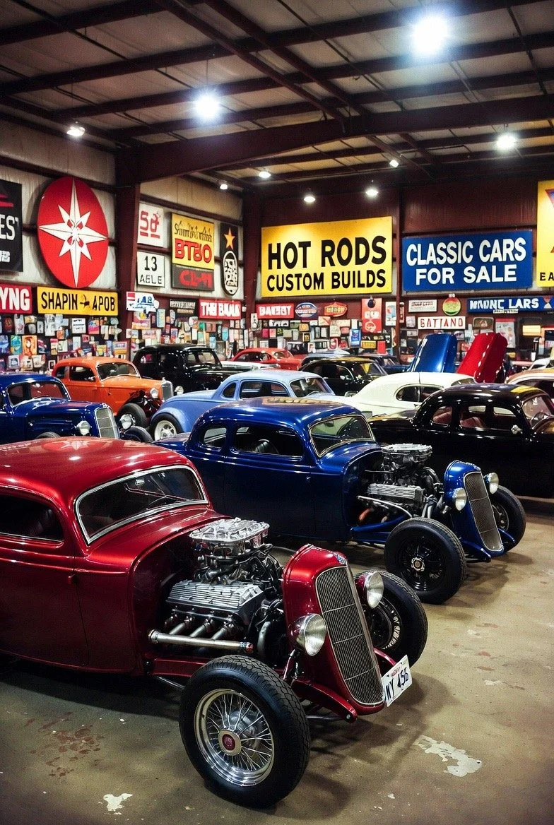Indoor car museum with vintage cars and signs advertising hot rods, classic cars, and custom builds.