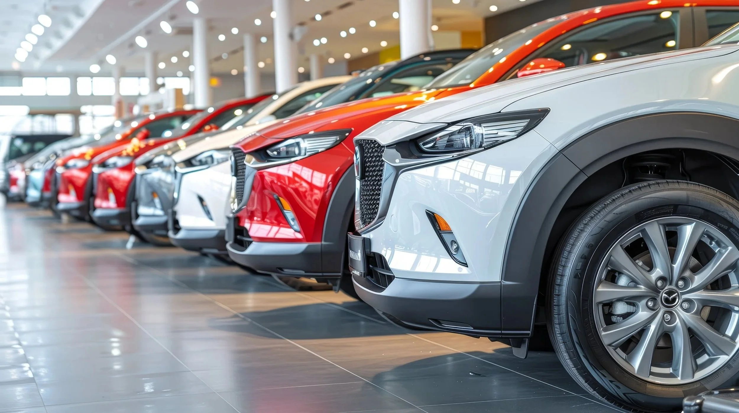 NEW USED CARS SILVER RED BLACK RED IN A ROW AT DEALERSHIP