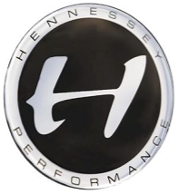 black circle with red and white writing for Hennessey performance