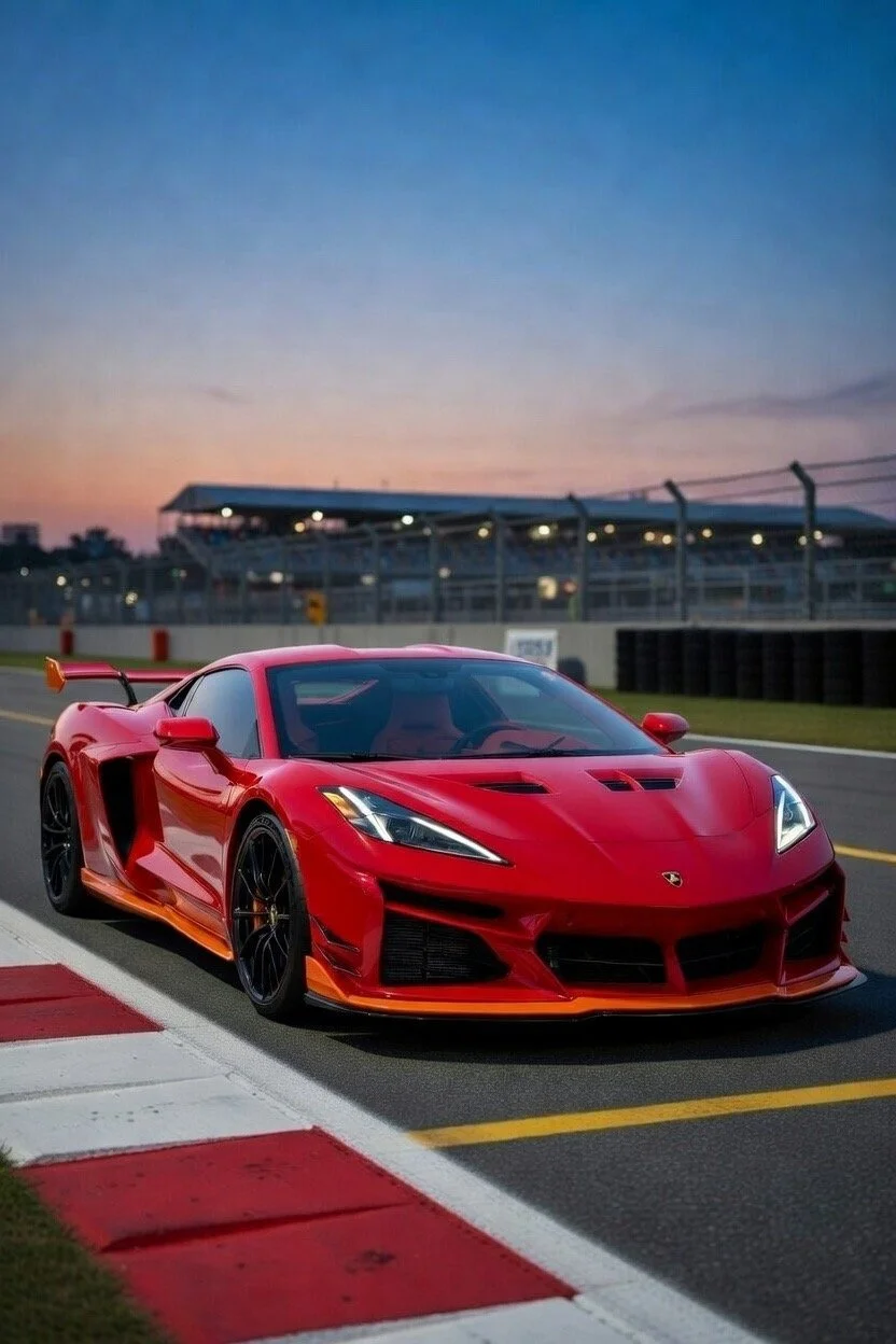 red corvette on racetrack for picture orange strip on bottom