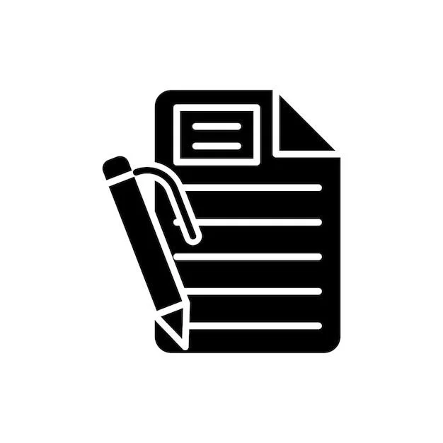Icon of a piece of paper with lines, a folded corner, and a small window at the top, with a pen placed diagonally across it.