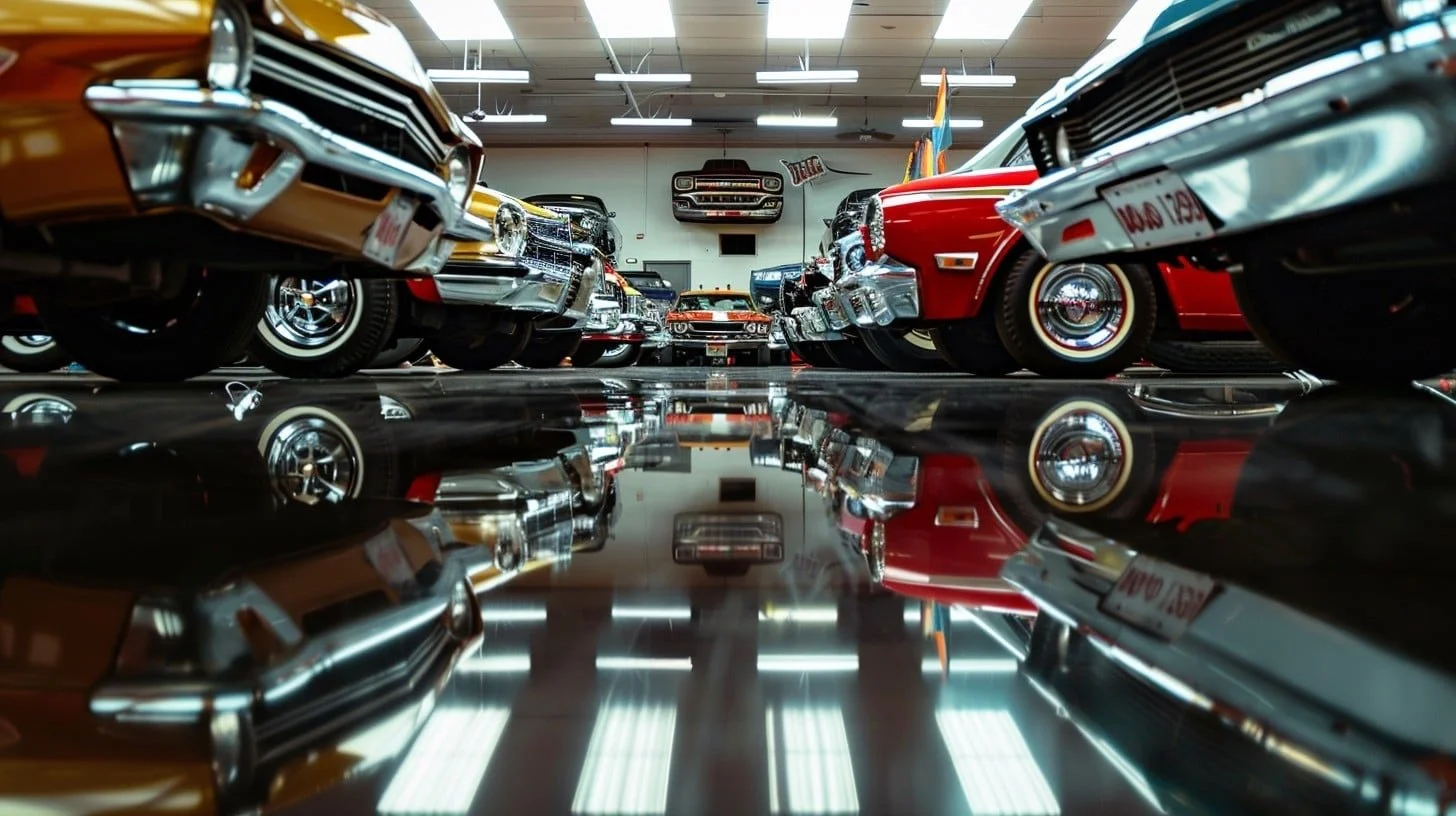 Classic cars on display in a showroom, reflected on a shiny black floor.