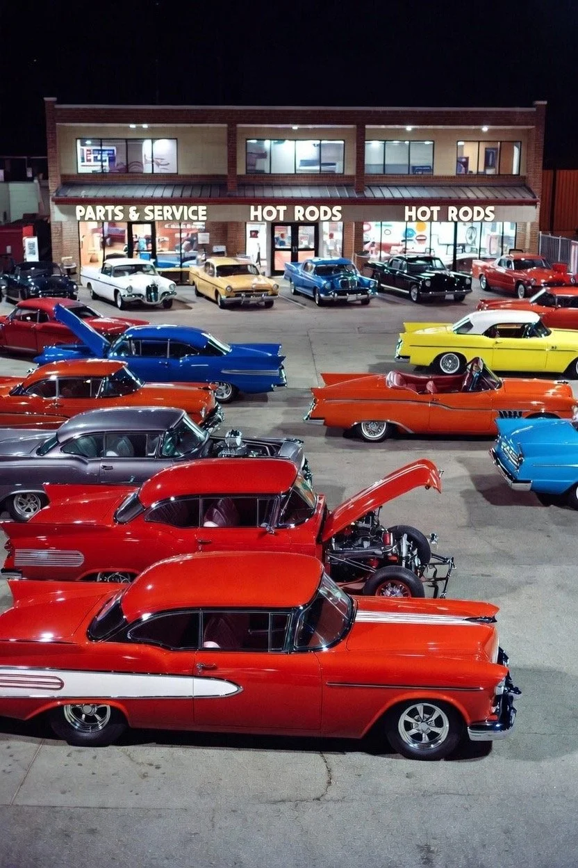 Nighttime view of a classic car dealership with vintage cars parked outside, some with their hoods open, in front of a two-story building with signs for parts, service, and hot dogs.
