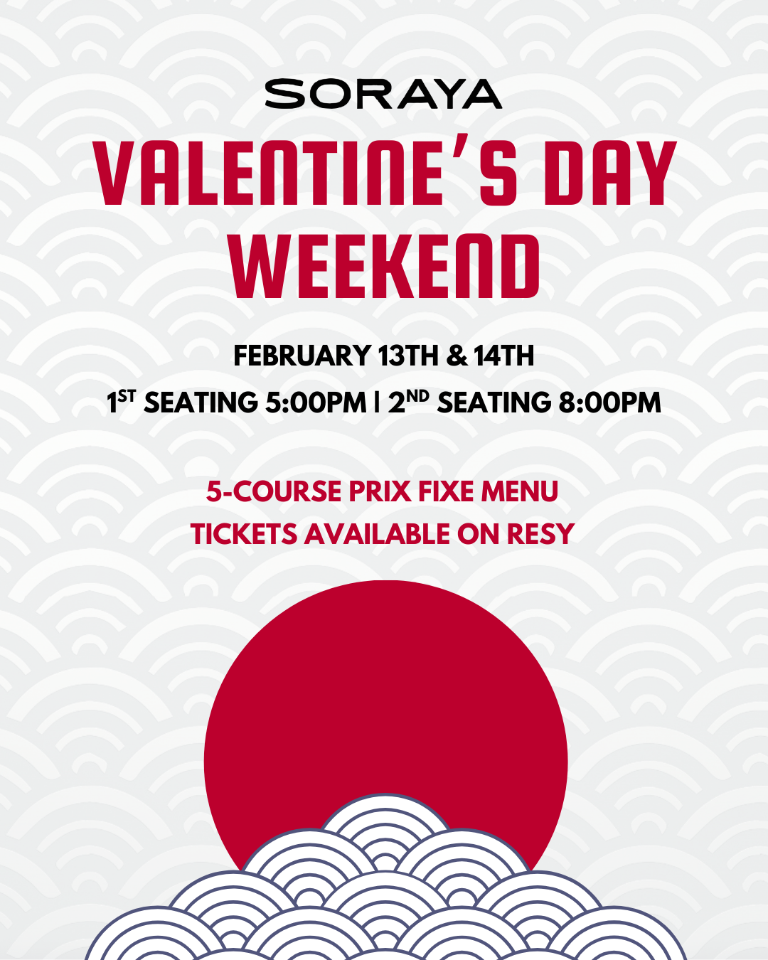 Graphic with white clouds and red text advertising Soraya's Valentine's Day, tickets available on Resy.