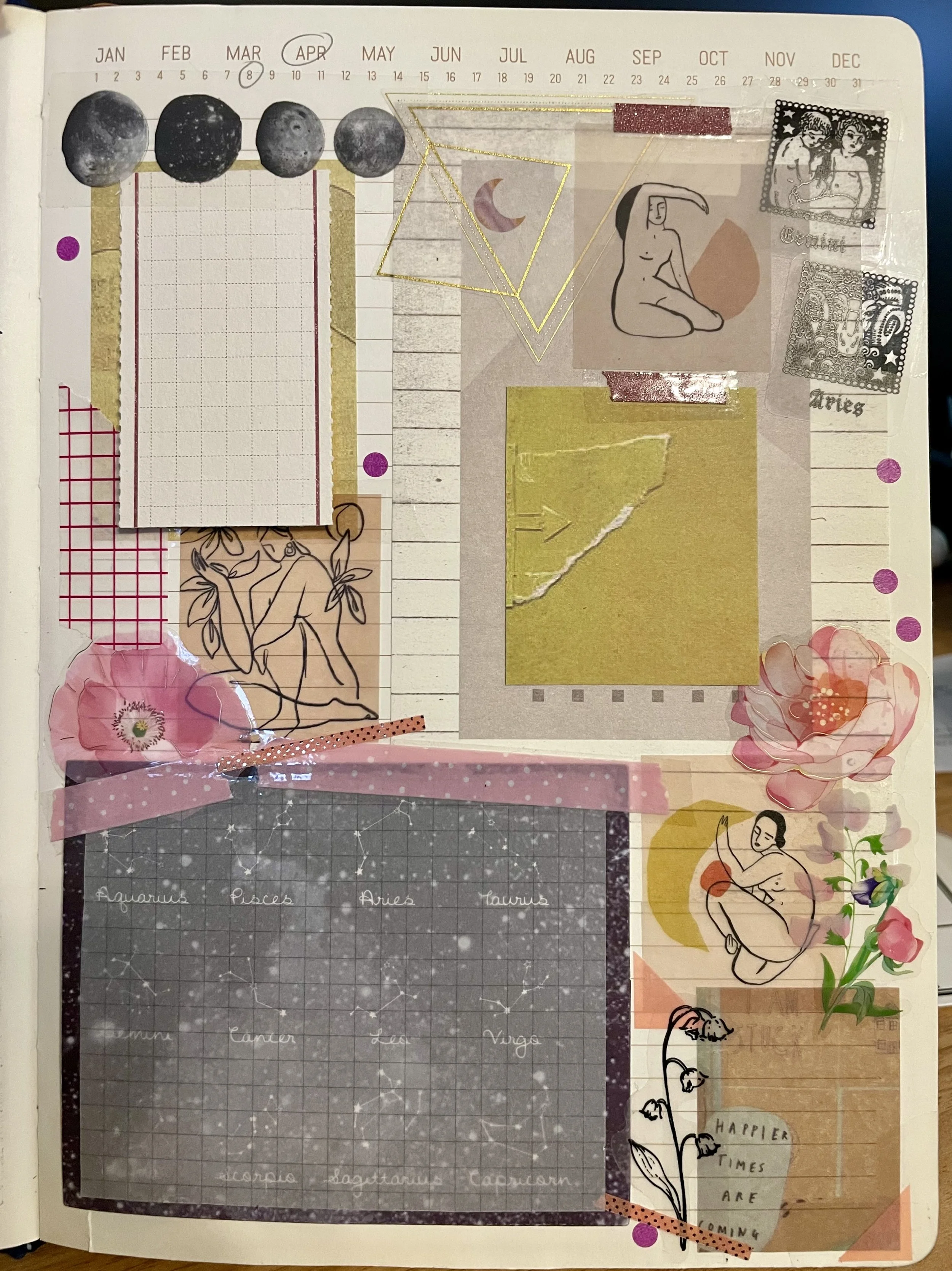 #1 A journal page with decorative paper and stickers that include: Gemini and Aries zodiac, moons and stars, flowers, and line drawings of nude women. Color accents are pink, yellow, and black.