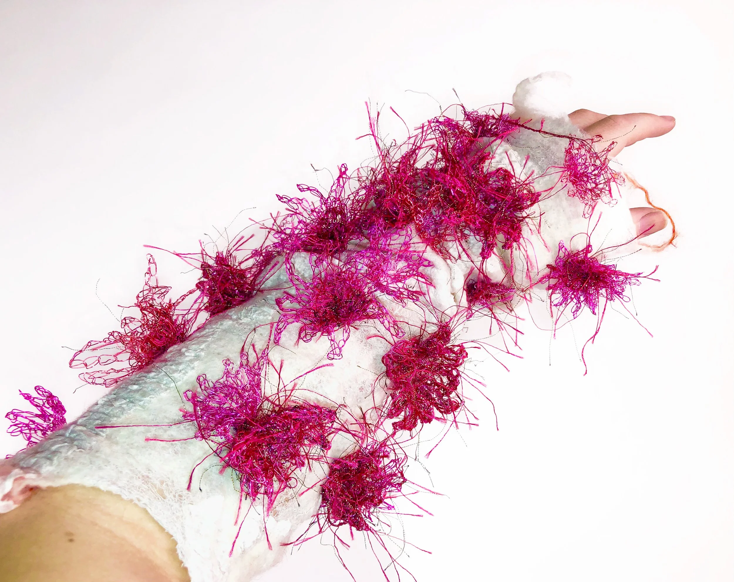 Carnation Coral, 2023, wire, yarn, silk, wool, 15" x 5"