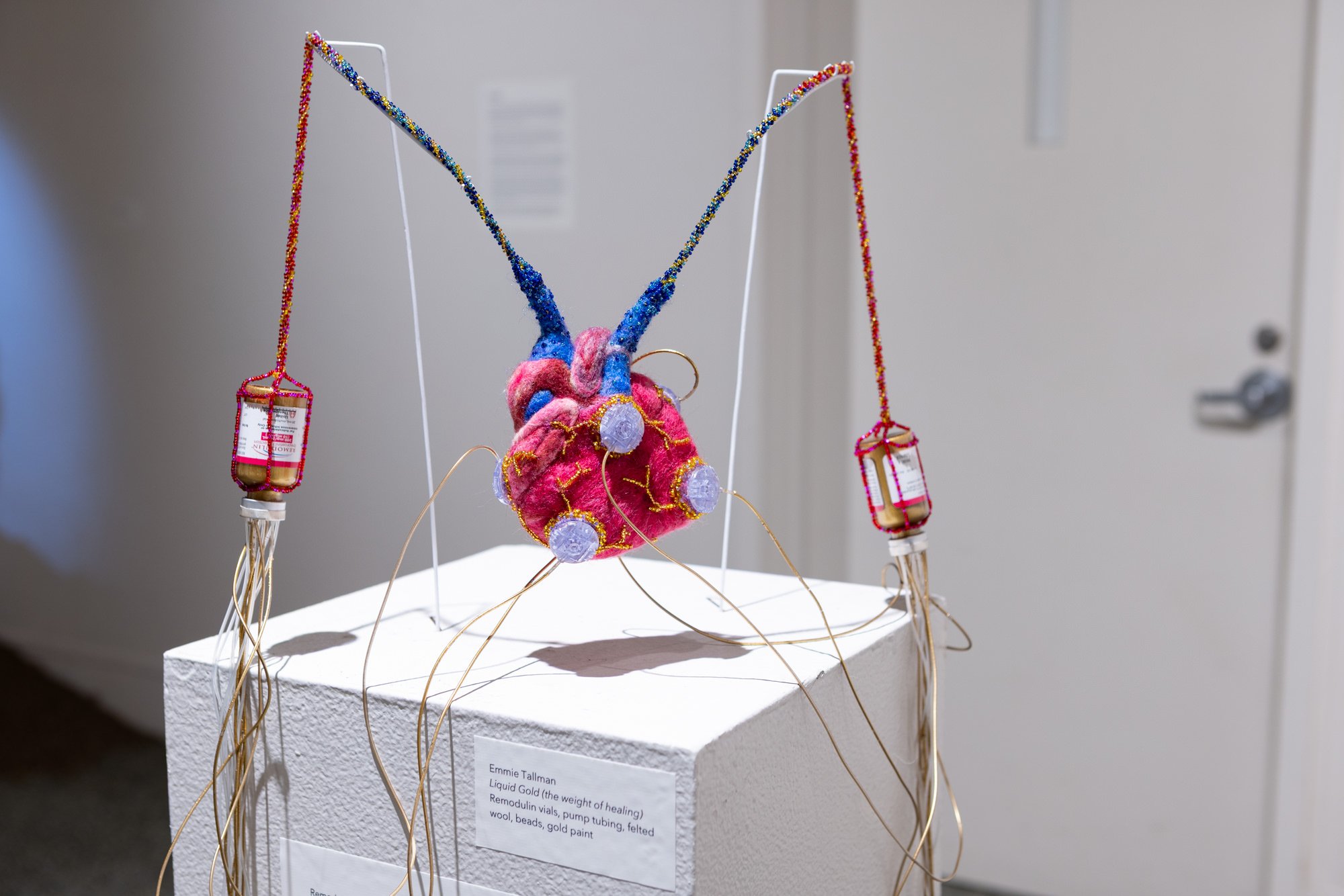 Liquid Gold (the weight of healing)
Remodulin vials, pump tubing, hand dyed and felted wool, beads, gold paint