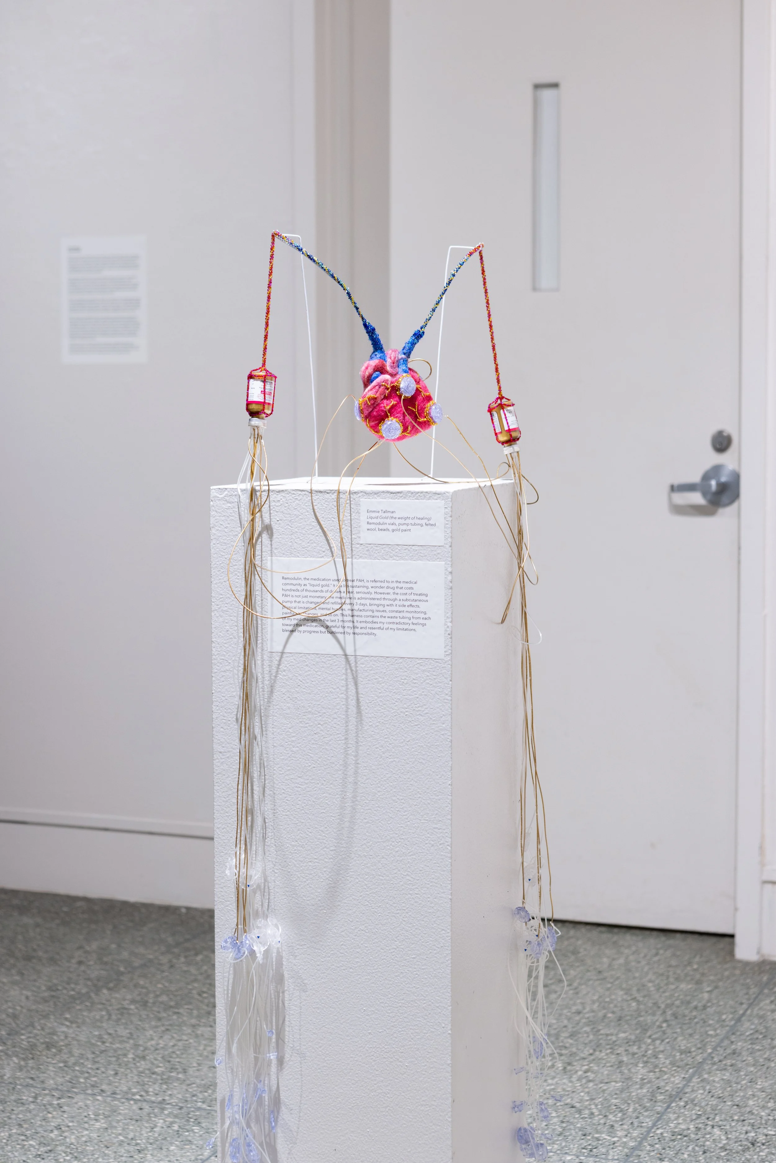Liquid Gold (the weight of healing)
Remodulin vials, pump tubing, hand dyed and felted wool, beads, gold paint