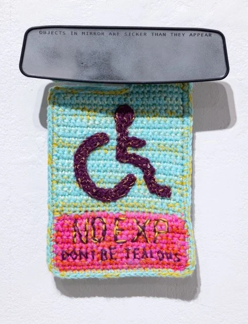 Riding in Style (No. 1), 2025, Yarn, rearview mirror, 6" x 10"