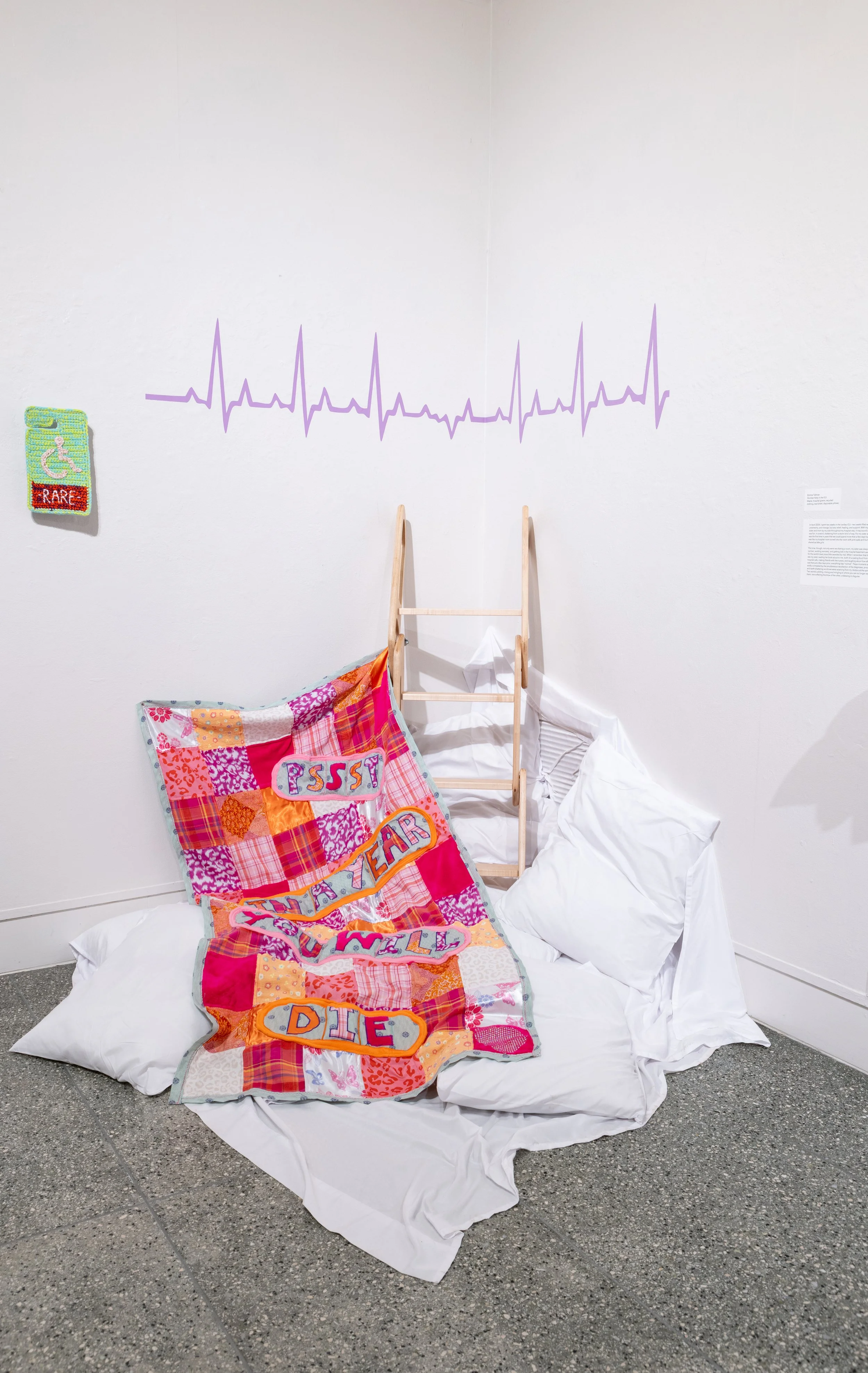 Slumber Party in the ICU
2025, Maple wood, hospital gowns, recycled 
clothing, bed sheets, disposable pillows