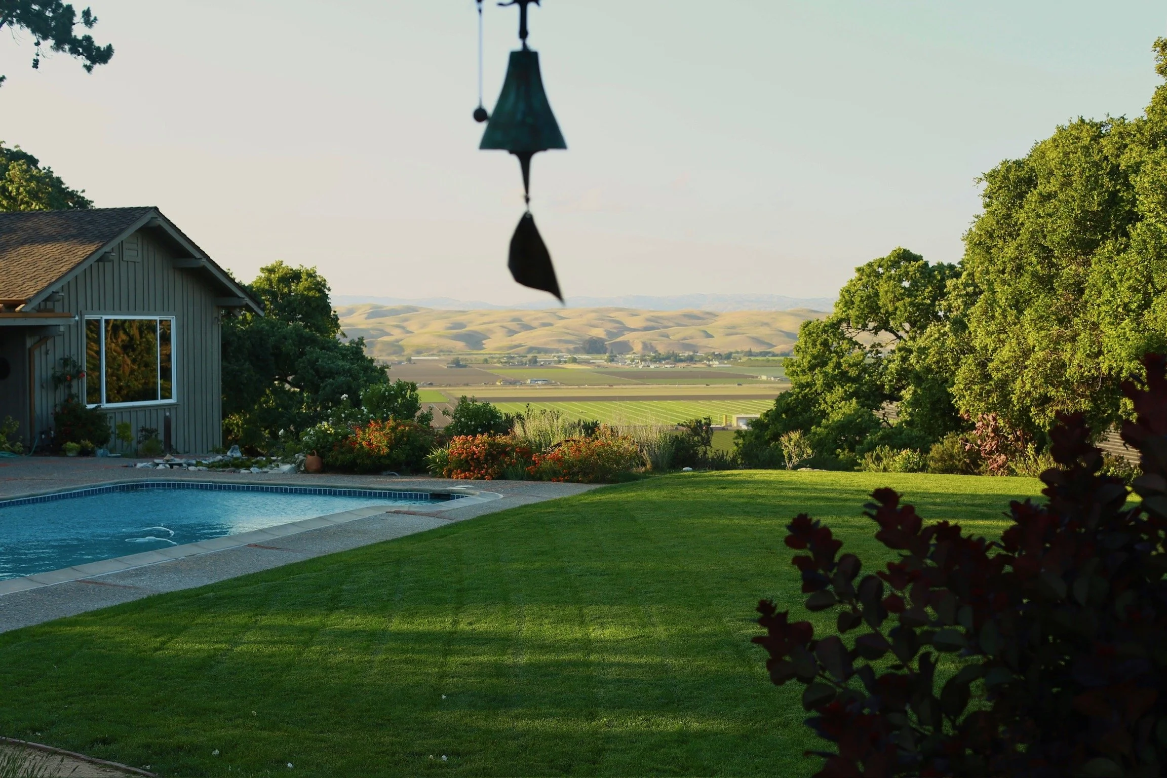 View of a backyard with a swimming pool, green grass, trees, and distant rolling hills on a clear day.