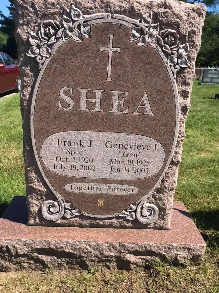 The headstone for Frank "Spec" Shea and his wife Genevieve, located at Saint James Cemetery in Naugatuck. Notice the gold emblazoned New York Yankees logo at the bottom.