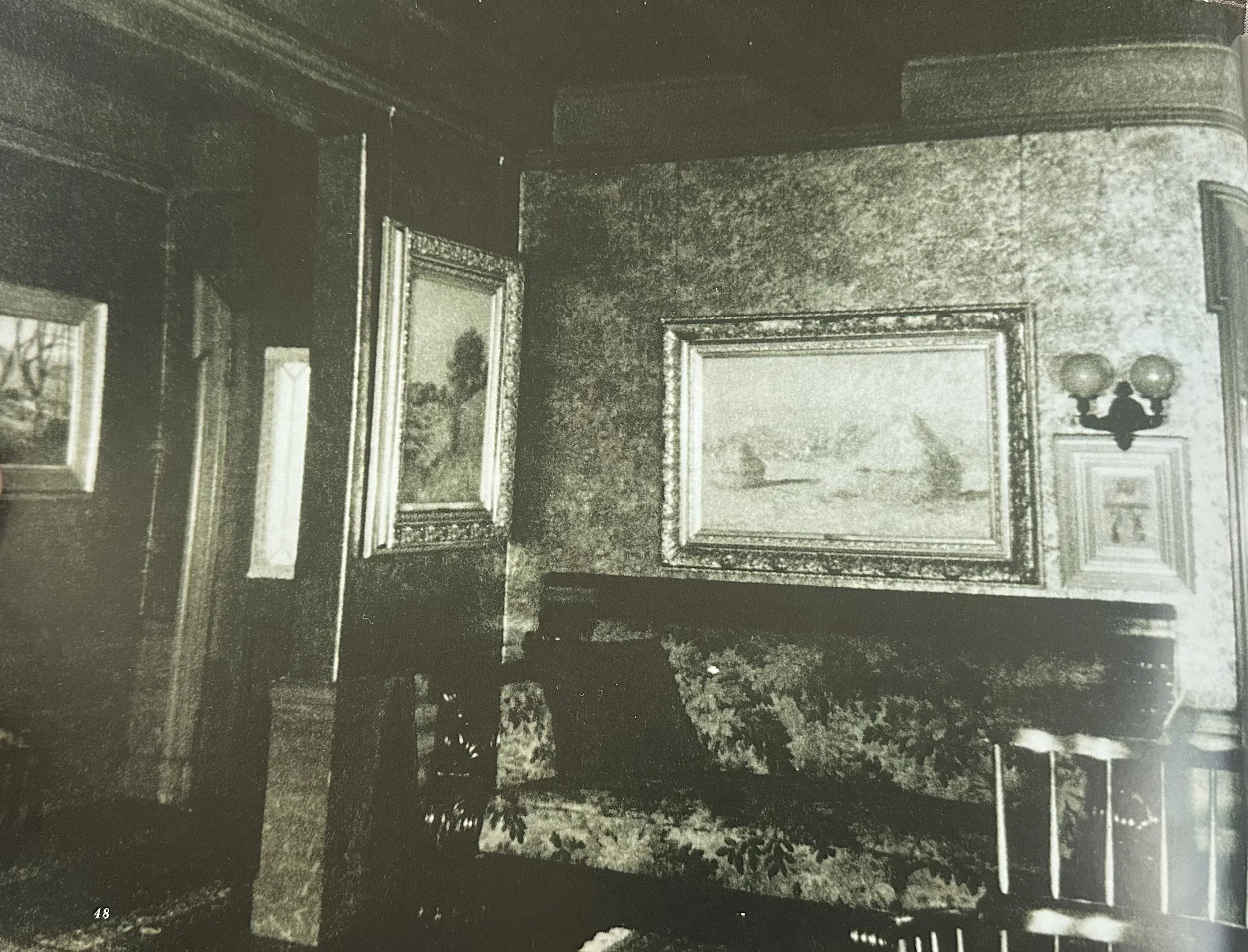Photo taken in 1941 in the entrance hallway in Harris Whittemore's Naugatuck home, showing Monet. Gust of Wind & The Haystacks in the Sun, Morning Effect.