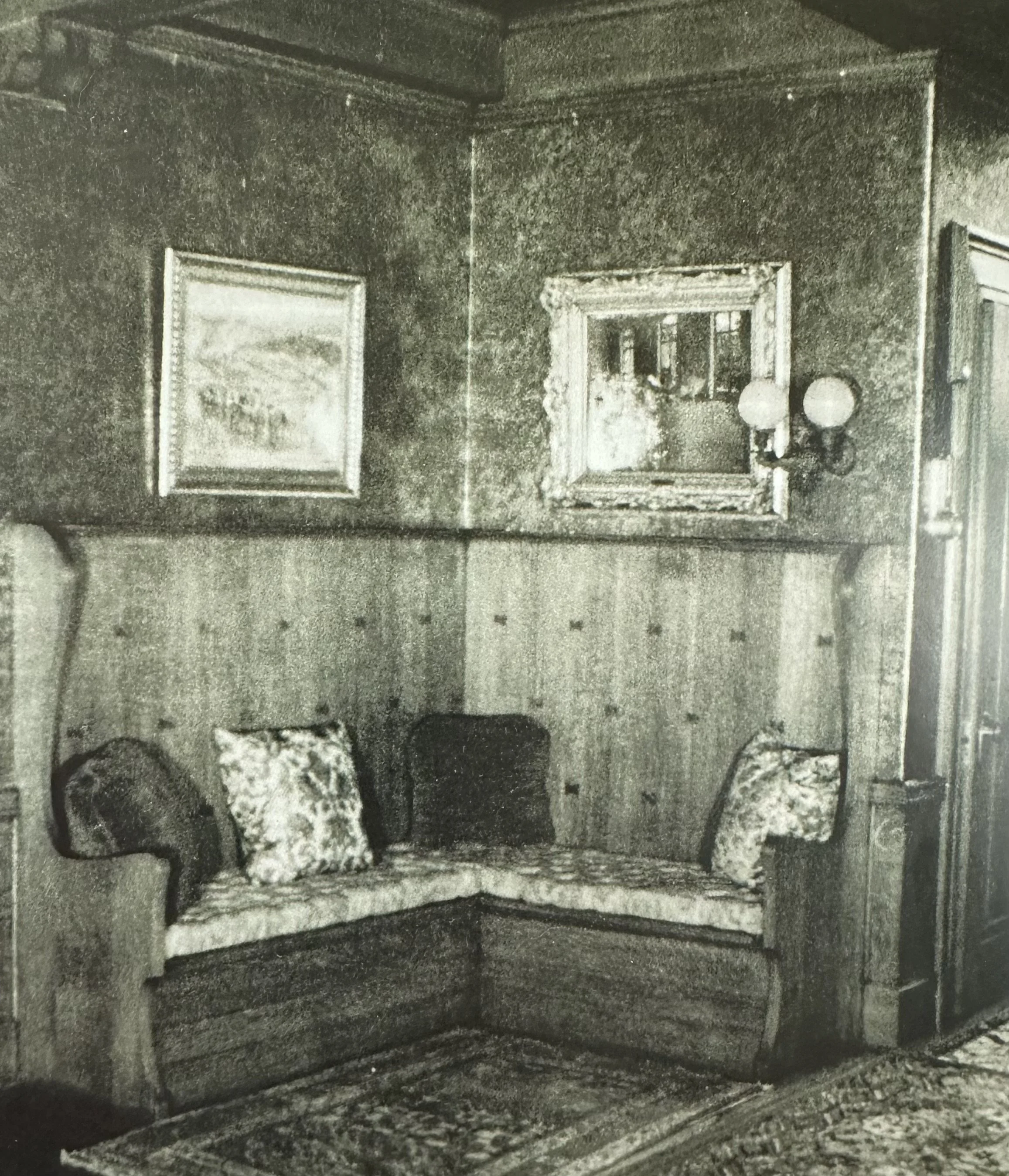 Photo taken in 1941 in the entrance hallway in Harris Whittemore's Naugatuck home, showing works by Degas. At the Start (1913) and The Rehersal (1907)