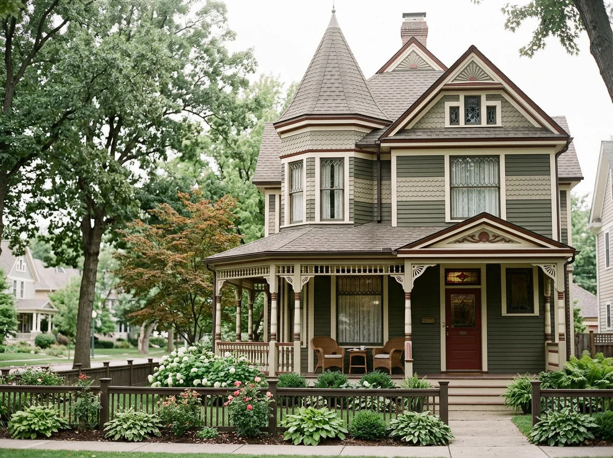 A Victorian-style house with a turret, a porch with wicker chairs, lush green lawn, and garden with flowers and shrubs.