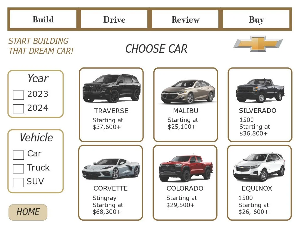 A car-buying website interface with options to build, drive, review, and buy a vehicle. Displays vehicle options: Traverse, Malibu, Silverado, Corvette, Colorado, and Equinox, with starting prices. Includes filters for model year 2023 or 2024, and vehicle type: car, truck, or SUV.