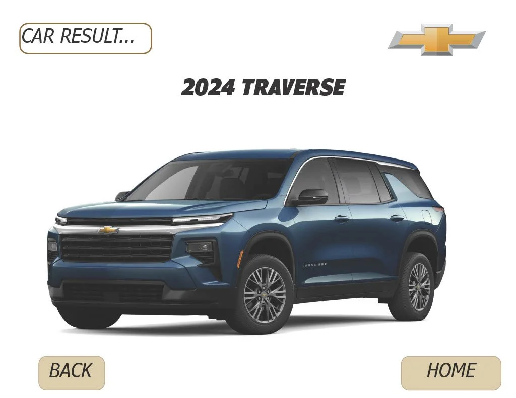 Front and side view of a blue 2024 Chevrolet Traverse SUV on a white background with text and Chevrolet logo.