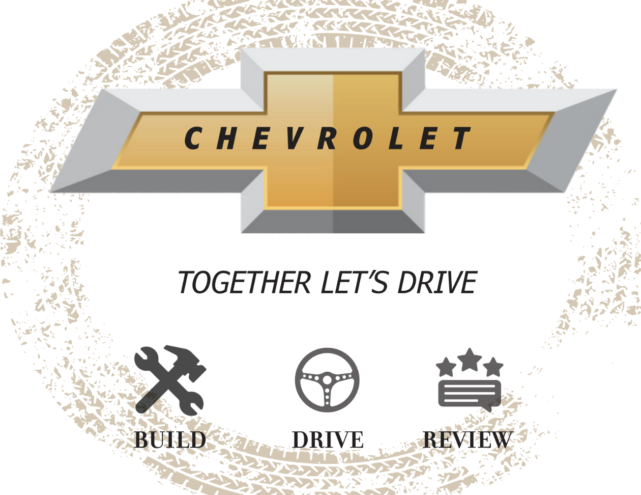 Chevrolet logo with the slogan "Together Let's Drive" and icons representing build, drive, and review.