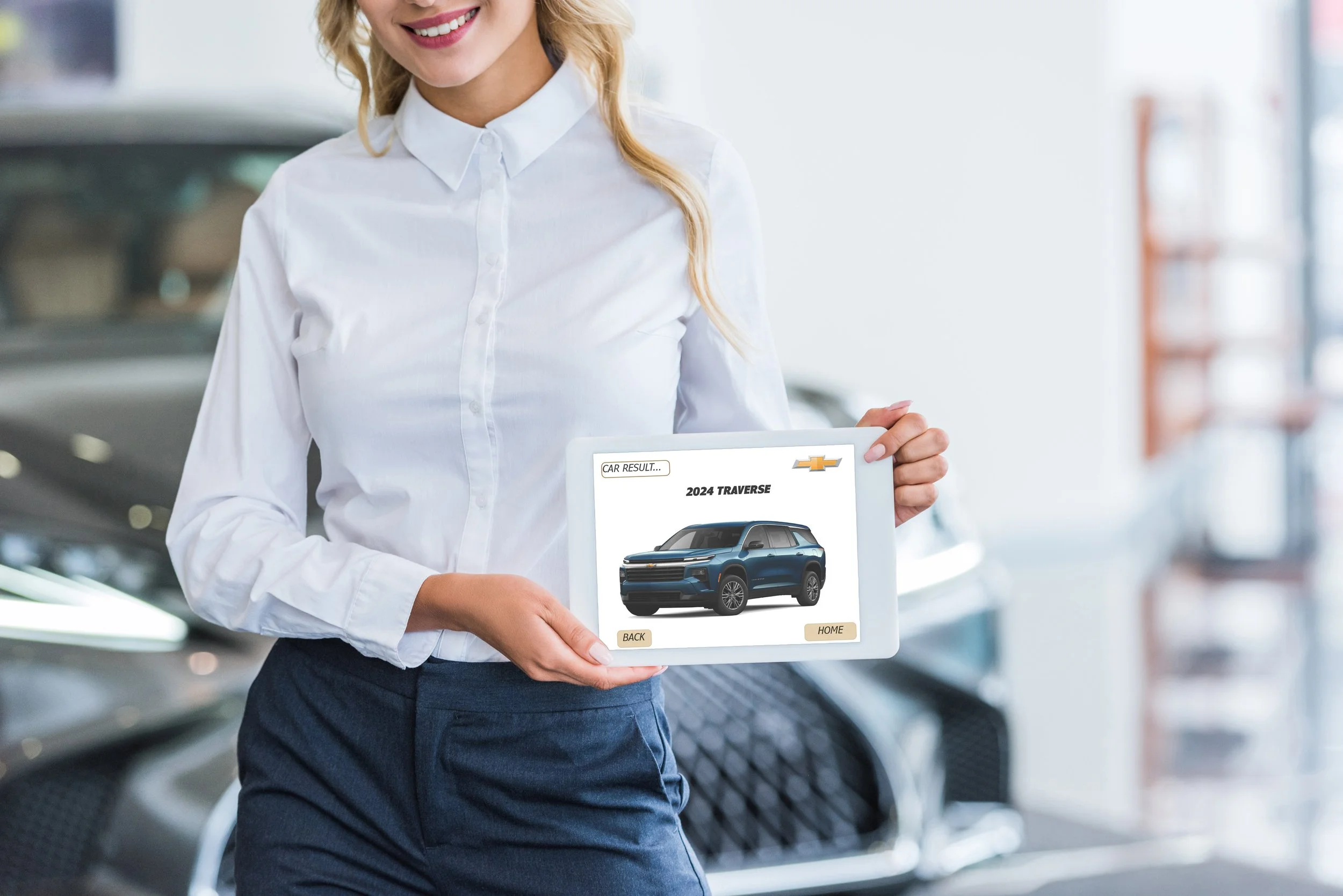 A woman with a white shirt holding a brochure of a black SUV in a car dealership.