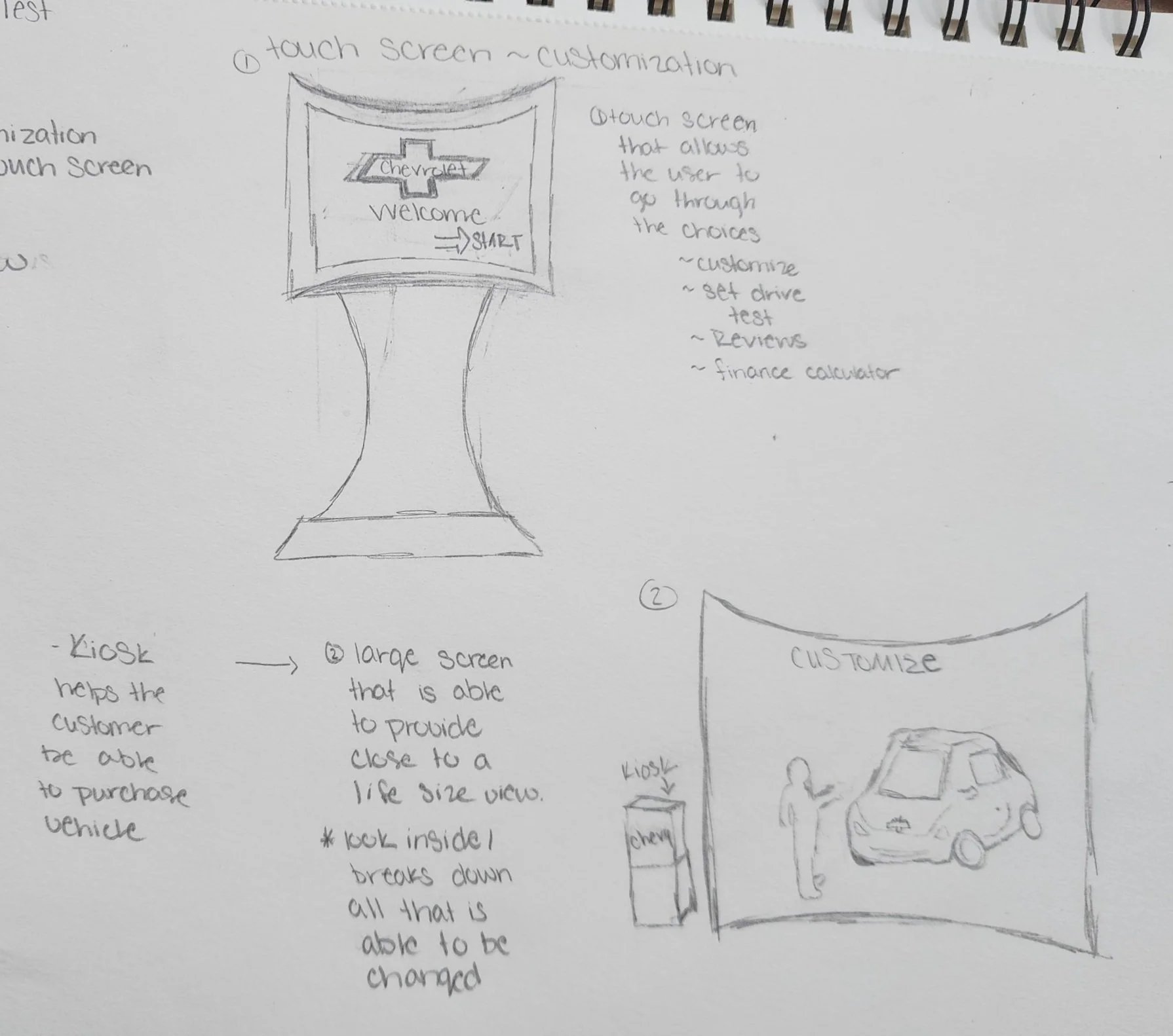 Sketch of a touchscreen interface with a Chevrolet logo, a welcome message, and a start button, surrounded by handwritten notes about customization options for a vehicle interface.