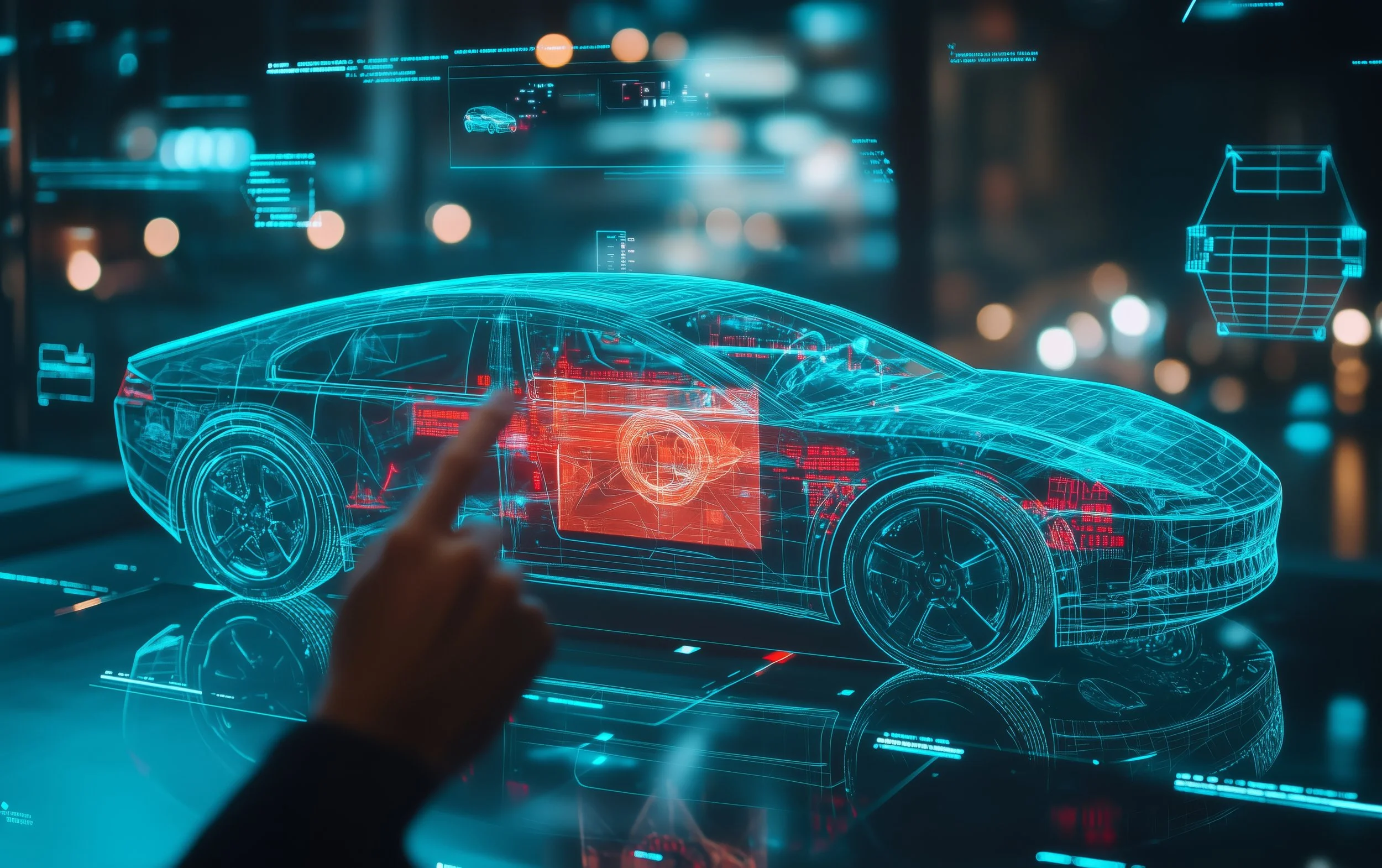 Person interacting with a holographic digital interface displaying a wireframe model of a car in a high-tech environment.