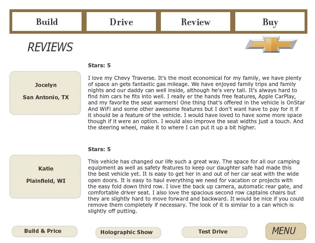 Website for Chevrolet vehicle reviews featuring options to build, drive, review, and buy. The page shows customer reviews with five-star ratings from Jocelyn from San Antonio, TX, and Katie from Plainfield, WI. Each review highlights positive experiences with Chevrolet Traverse, mentioning features like space, family-friendliness, technology, safety, and comfort. Navigation buttons include Build & Price, Holographic Show, Test Drive, and a Menu button.