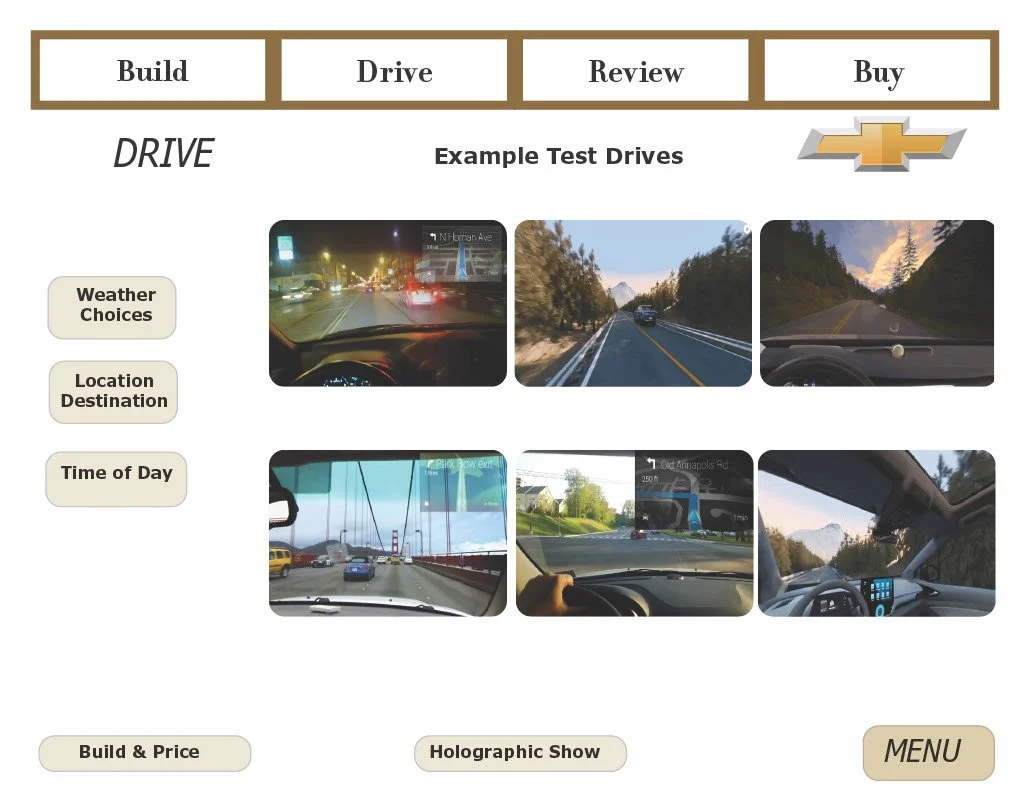 Test drive selection page showing different driving scenarios organized into weather choices, location destination, and time of day, with options to build and price, view holographic show, and a menu button.