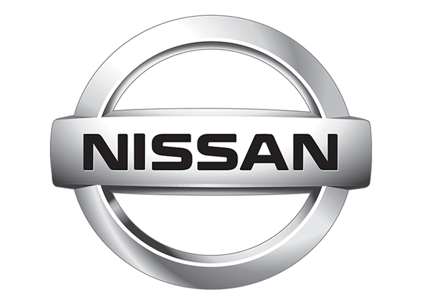 Nissan logo featuring a silver circular emblem with the brand name in bold black letters across the center.