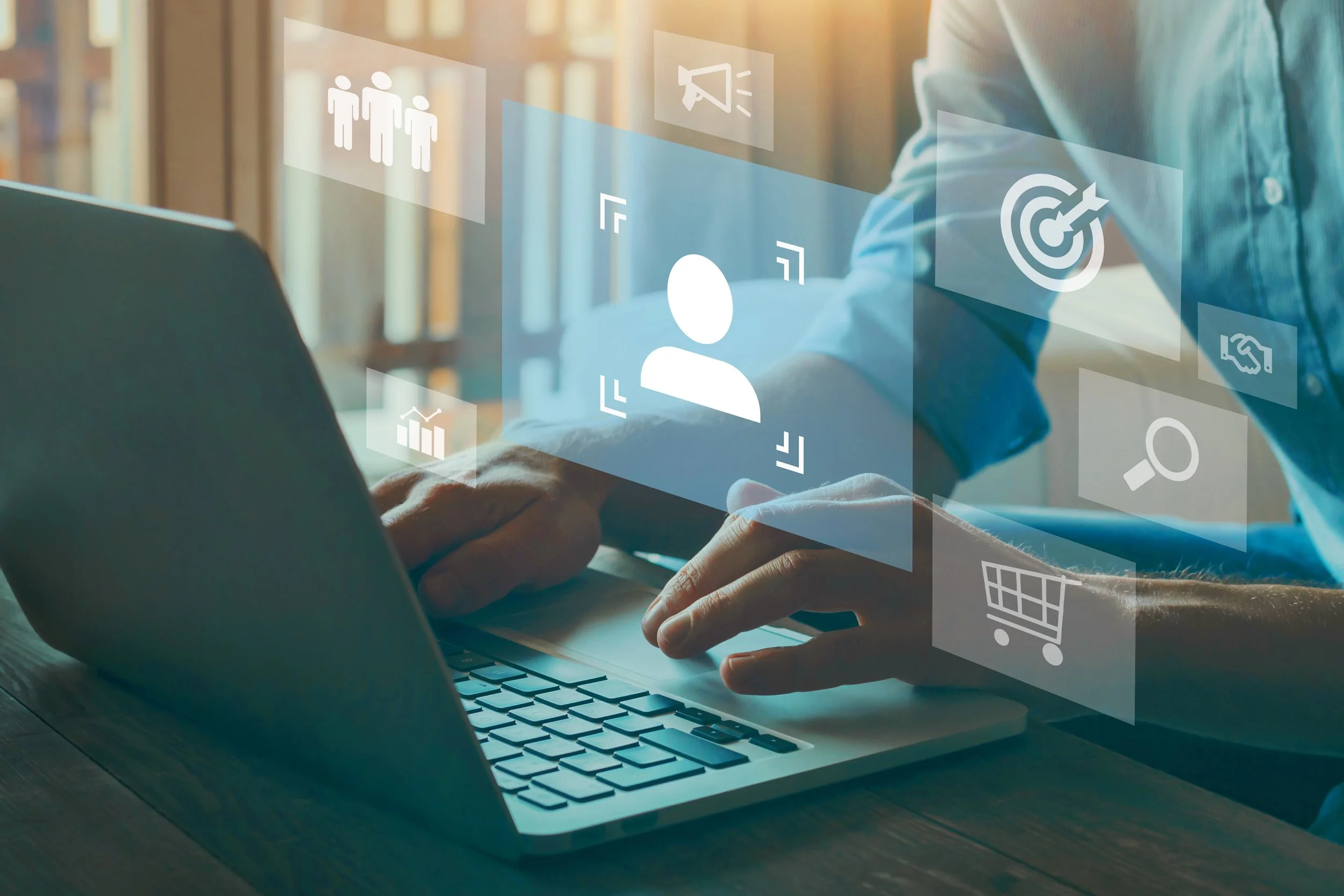 Close-up of hands using a laptop with digital icons representing people, target, megaphone, shopping cart, and graphs overlayed.