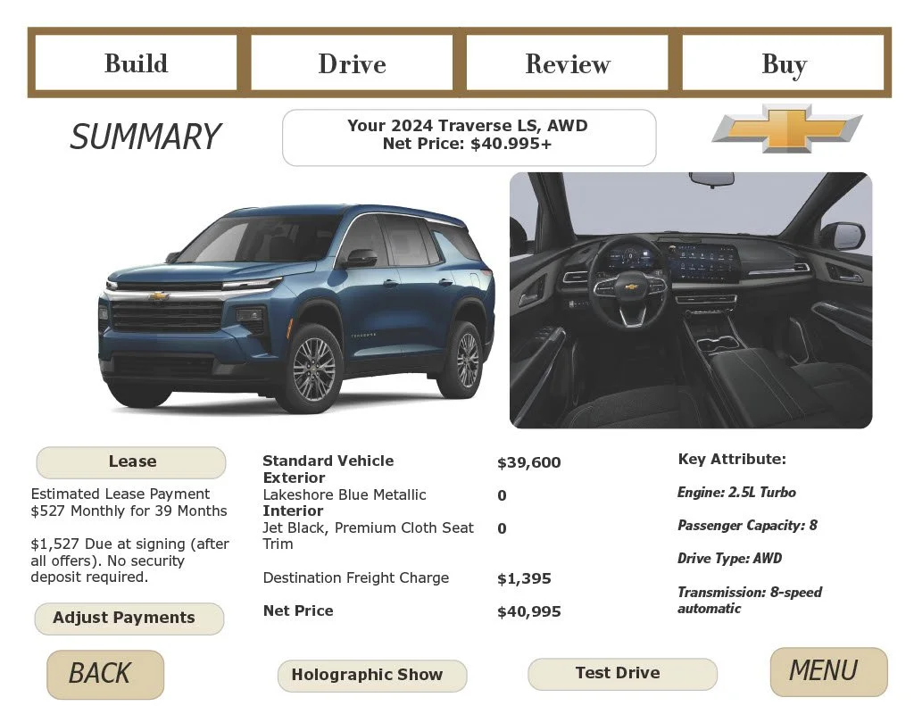 Screenshot of a car dealership app dashboard featuring a 2024 Chevrolet Traverse LS AWD. The display shows the vehicle's exterior color, interior details, pricing, and key attributes like engine, passenger capacity, and drive type. Navigation buttons for Build, Drive, Review, and Buy are at the top, along with options to go back or access a menu.