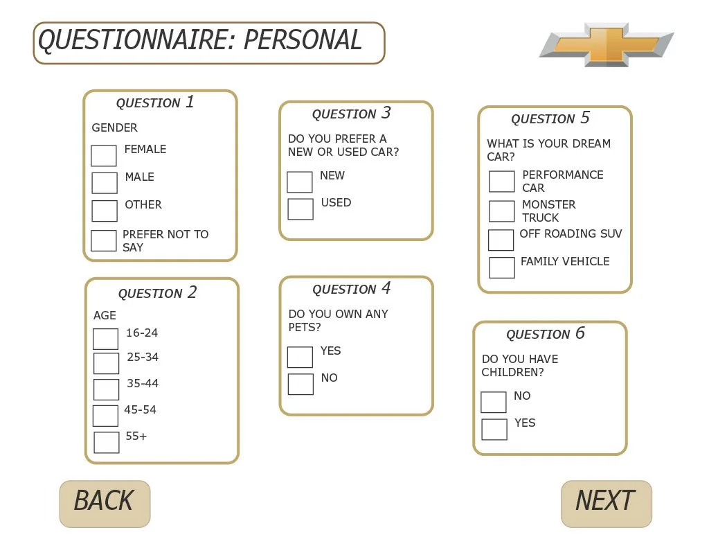 A digital questionnaire titled 'QUESTIONNAIRE: PERSONAL' with a Chevrolet logo in the top right corner. The form contains six questions about gender, age, car preferences, pet ownership, dream car, and children, with multiple-choice options and checkboxes for answers. There are buttons labeled 'BACK' and 'NEXT' at the bottom.
