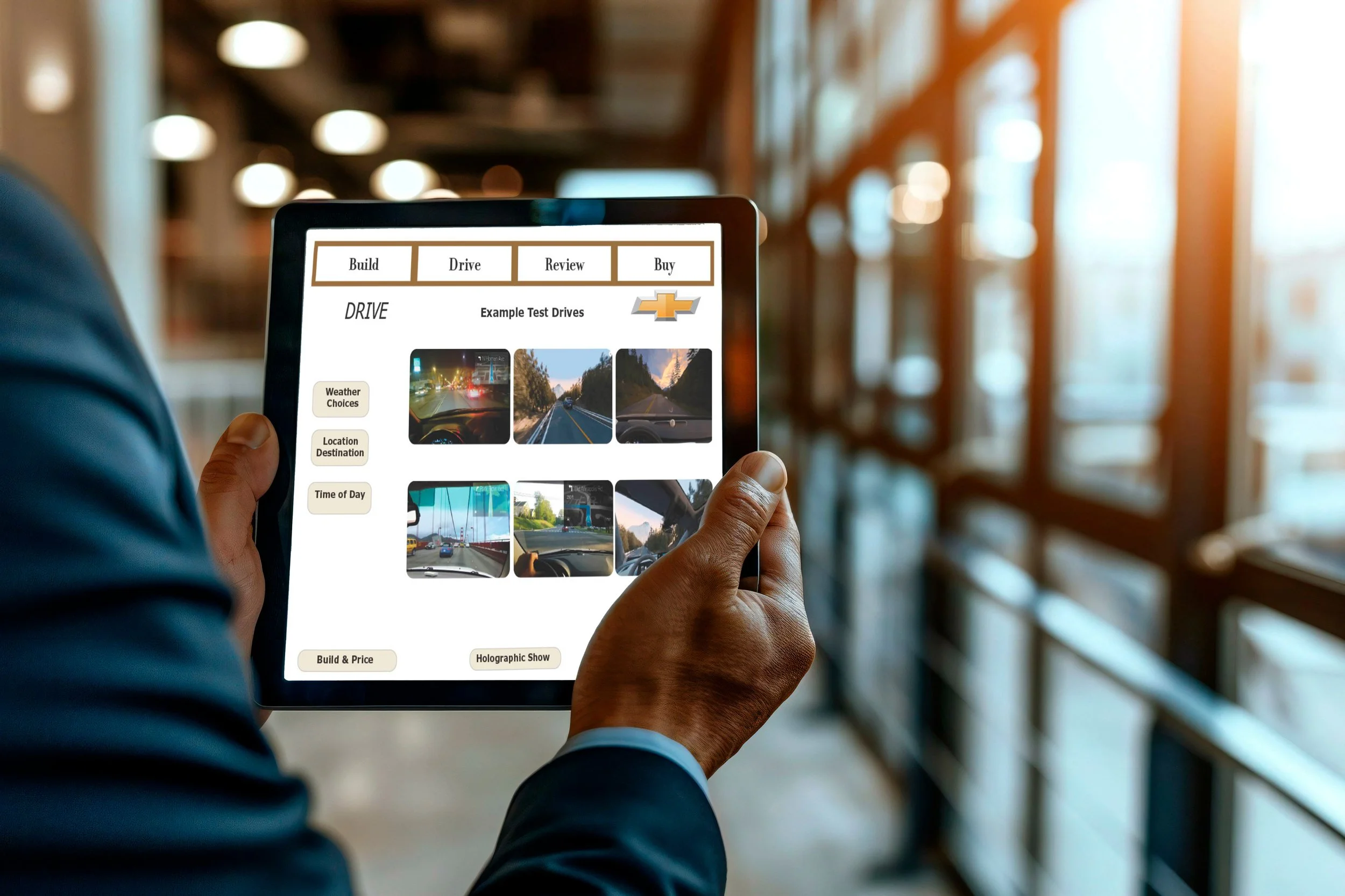 Person in a suit sitting in a modern architectural space, holding a tablet displaying a car website with options to build, drive, review, and buy cars, and images of different cars and driving scenes.