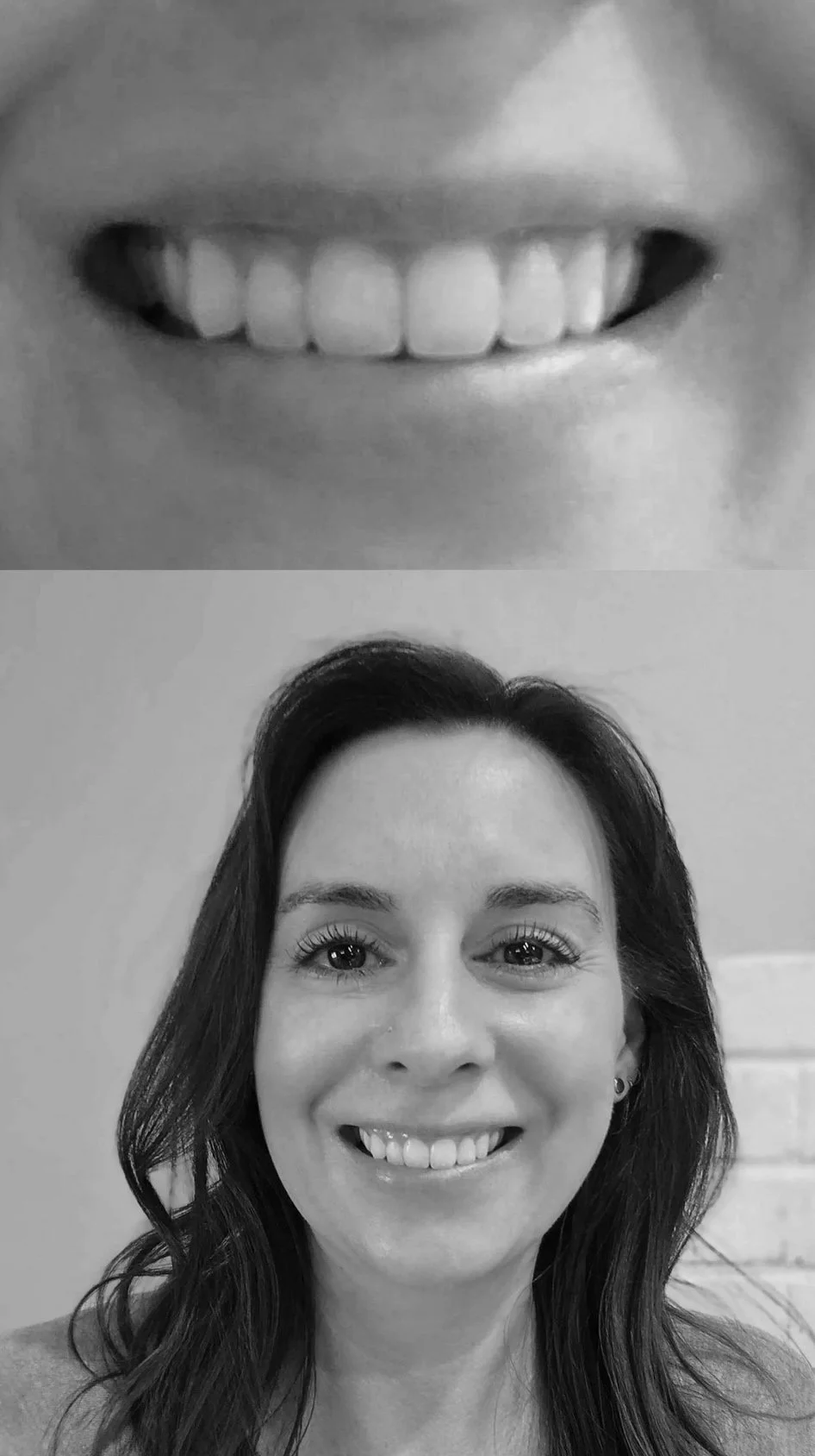A woman smiling with long dark hair and bright eyes, in black and white. The top portion is a close-up of a smiling mouth with visible teeth.