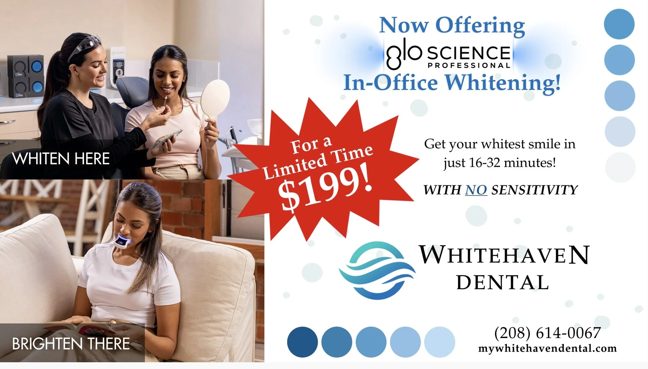 Advertisement for in-office teeth whitening service at Whitehaven Dental featuring images of women receiving dental whitening treatments.