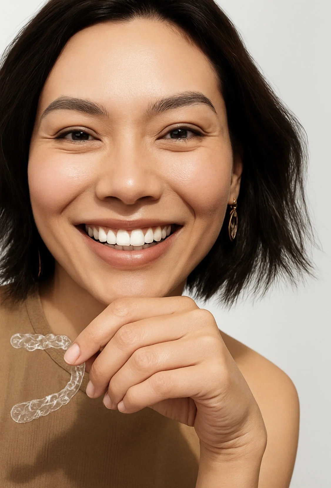 A smiling woman with short dark hair, wearing earrings, holding a clear dental retainer in her hand, with a plain light background.