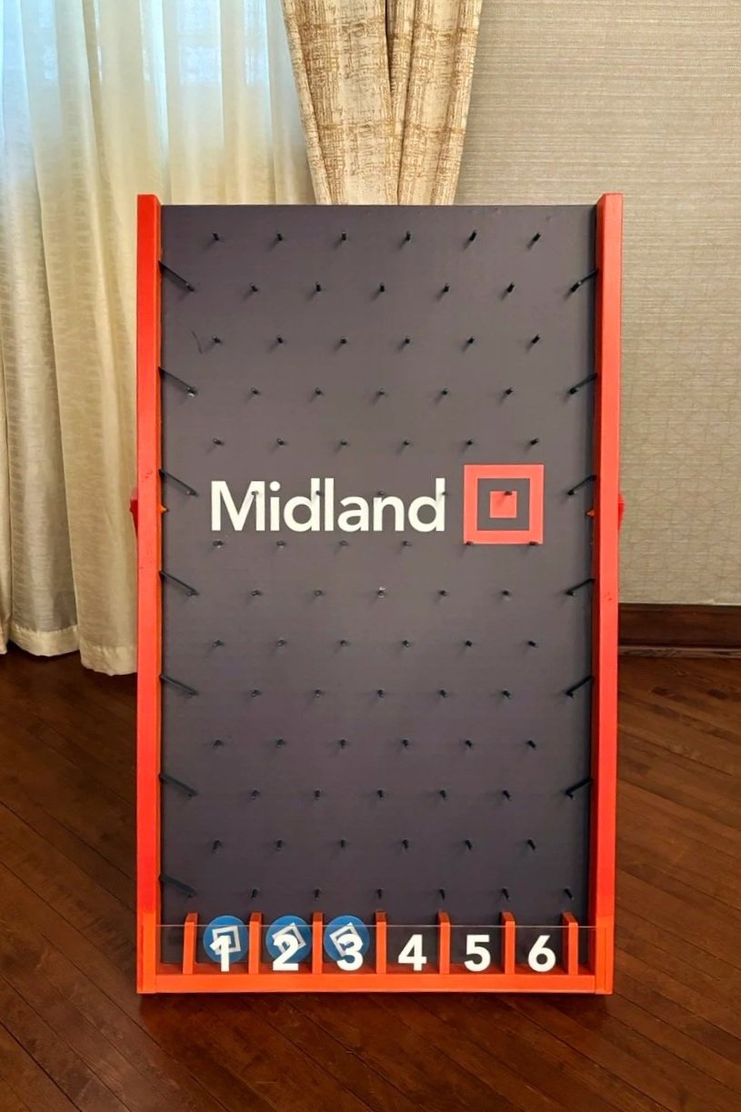 A large black betting board with orange framing and pegs, with the word 'Midland' and a red square logo on the upper right, and blue numbered tiles from 1 to 6 at the bottom.