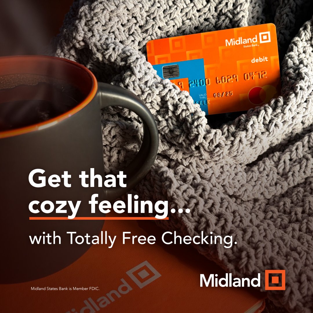 A cozy scene with a gray knitted blanket, a cup of coffee or tea, and two credit cards, one orange and one blue, placed on the blanket. Text overlay promotes Midland Bank's free checking account.