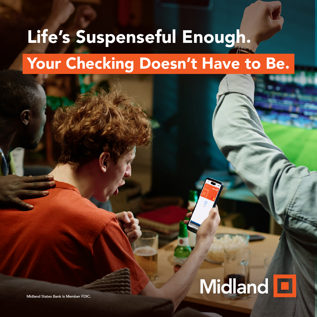 Group of friends watching a sports game on TV and using mobile phones, with a message encouraging not to check bank accounts unnecessarily.