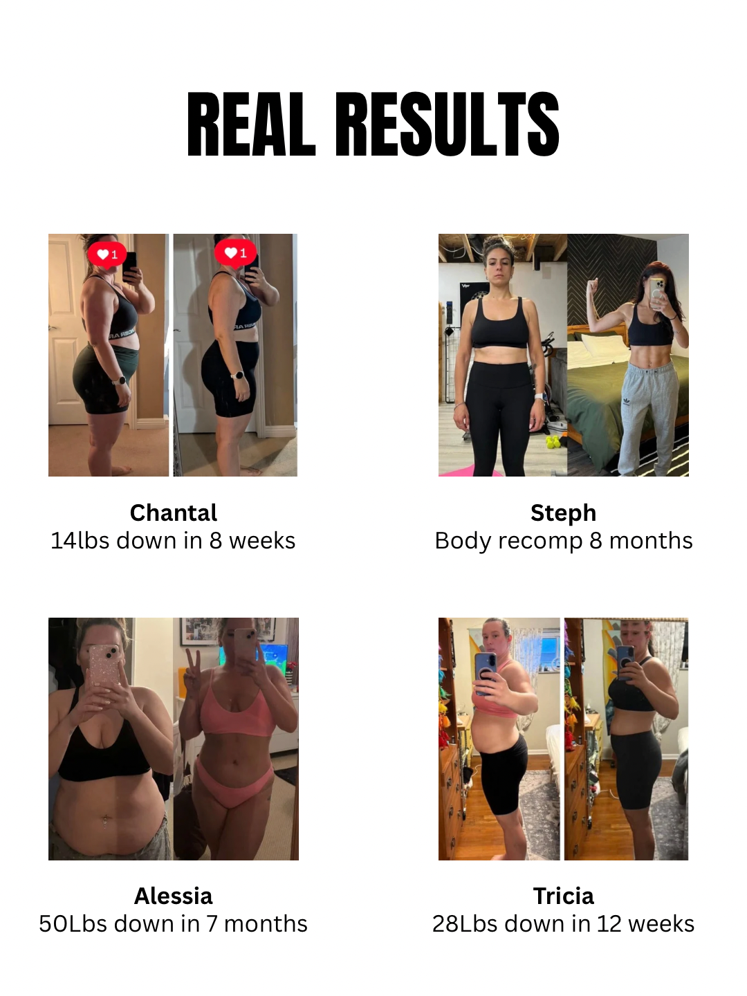 Before and after photos showing women's weight loss transformations, with captions detailing their weight loss and body recomposition timelines.
