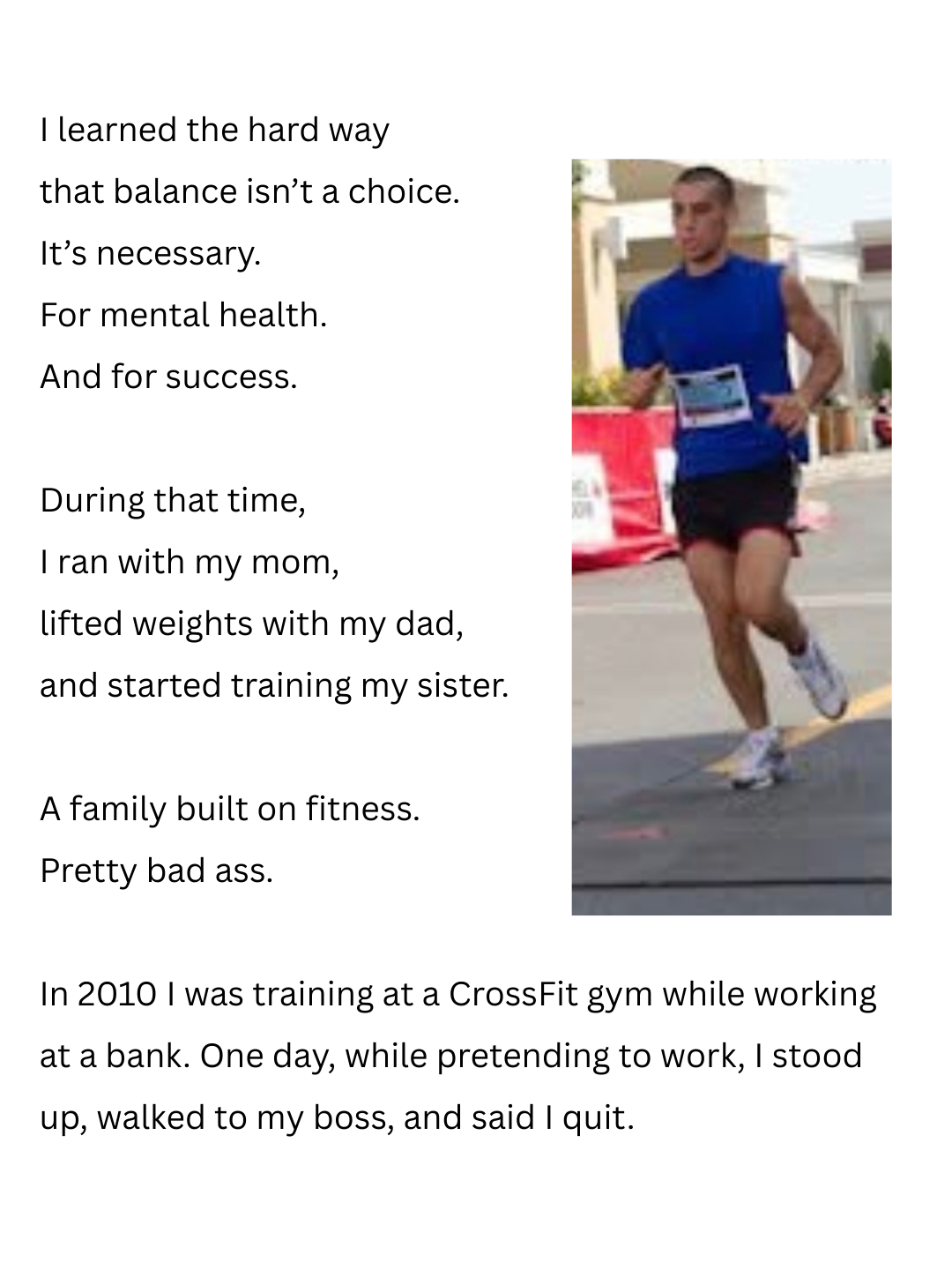 A man running outdoors during a race or marathon, wearing a blue sleeveless shirt, black shorts, and running shoes, with a bib number pinned to his shirt.
