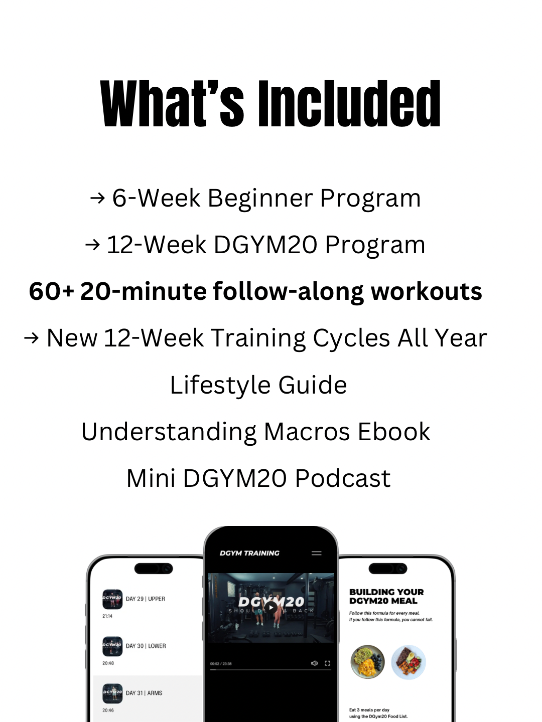 An advertisement showing a list of fitness programs and a smartphone displaying workout videos and meal plans for DGYM20 training.