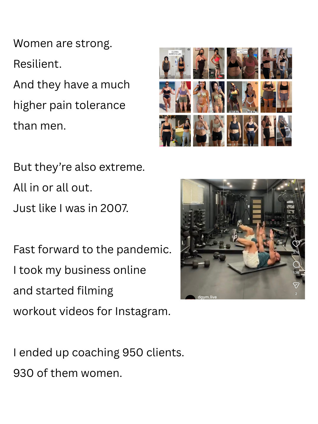 Collage of women before and after weight loss, and a person exercising in a gym.