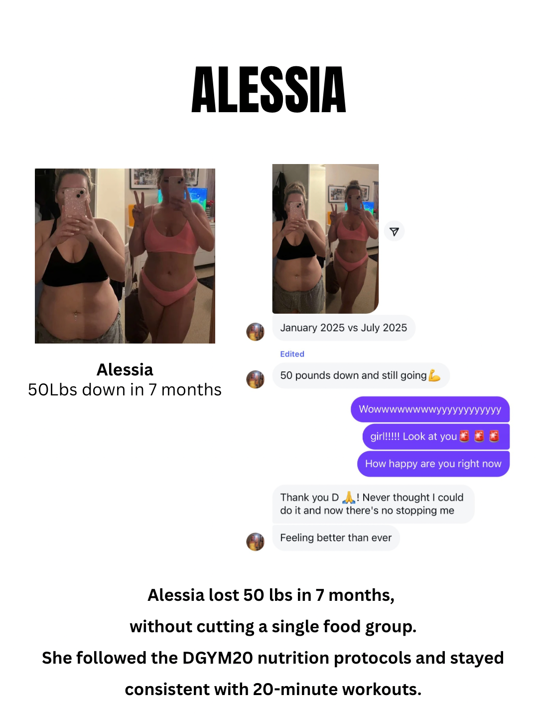 Before and after photos of Alessia showing weight loss, along with text indicating she lost 50 pounds in 7 months by following the DGYM20 nutrition protocols and 20-minute workouts, with supportive messages in a chat conversation.