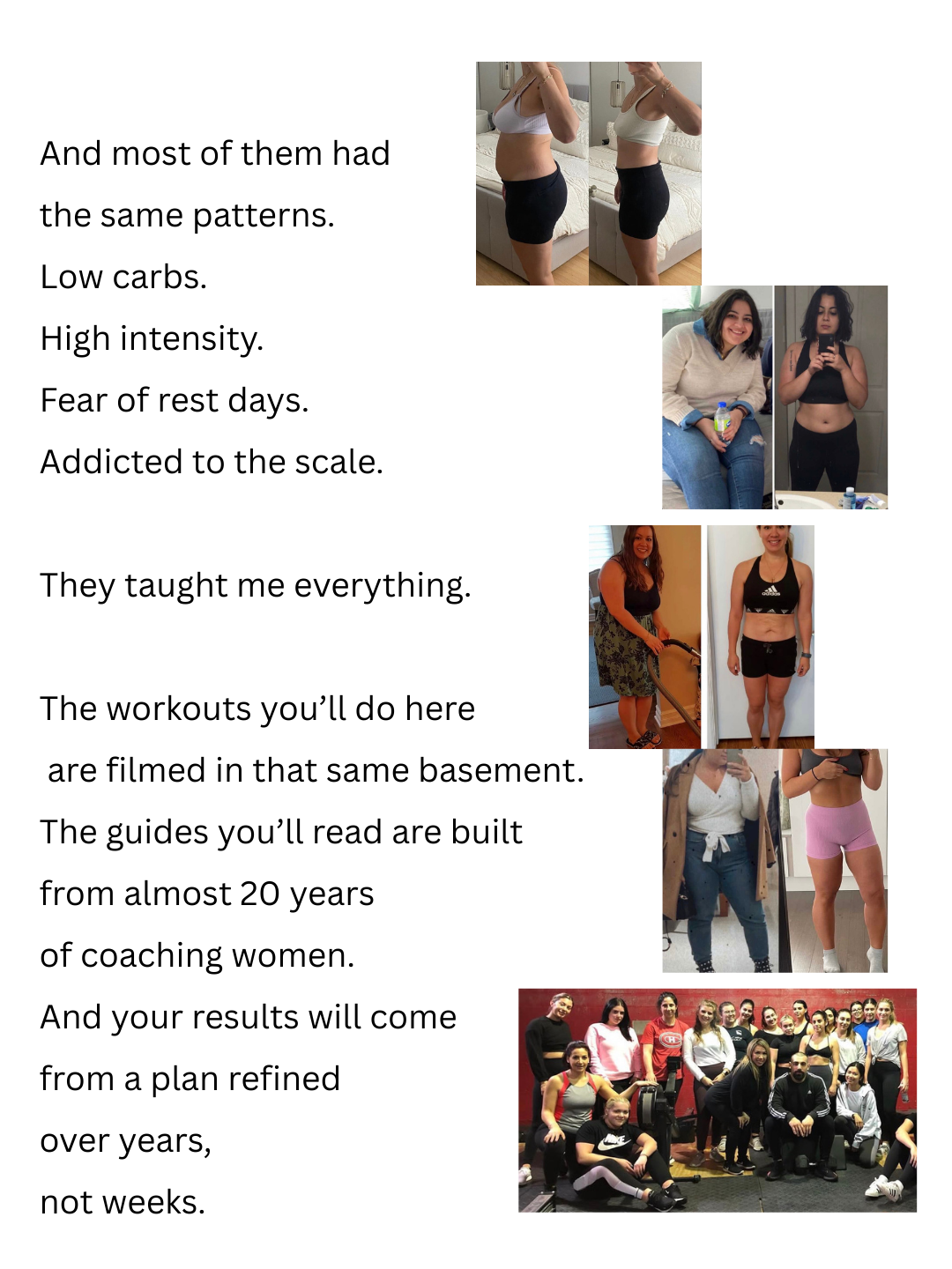  collage of women before and after fitness transformations, gym group photo, and women in workout attire in various settings