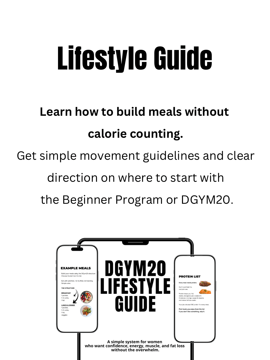 Cover page of a lifestyle guide titled 'Lifestyle Guide' with text explaining building meals without calorie counting, featuring illustrations of a phone with meal plans, protein list, and example meals for a system designed for women seeking confidence, energy, muscle, and fat loss.