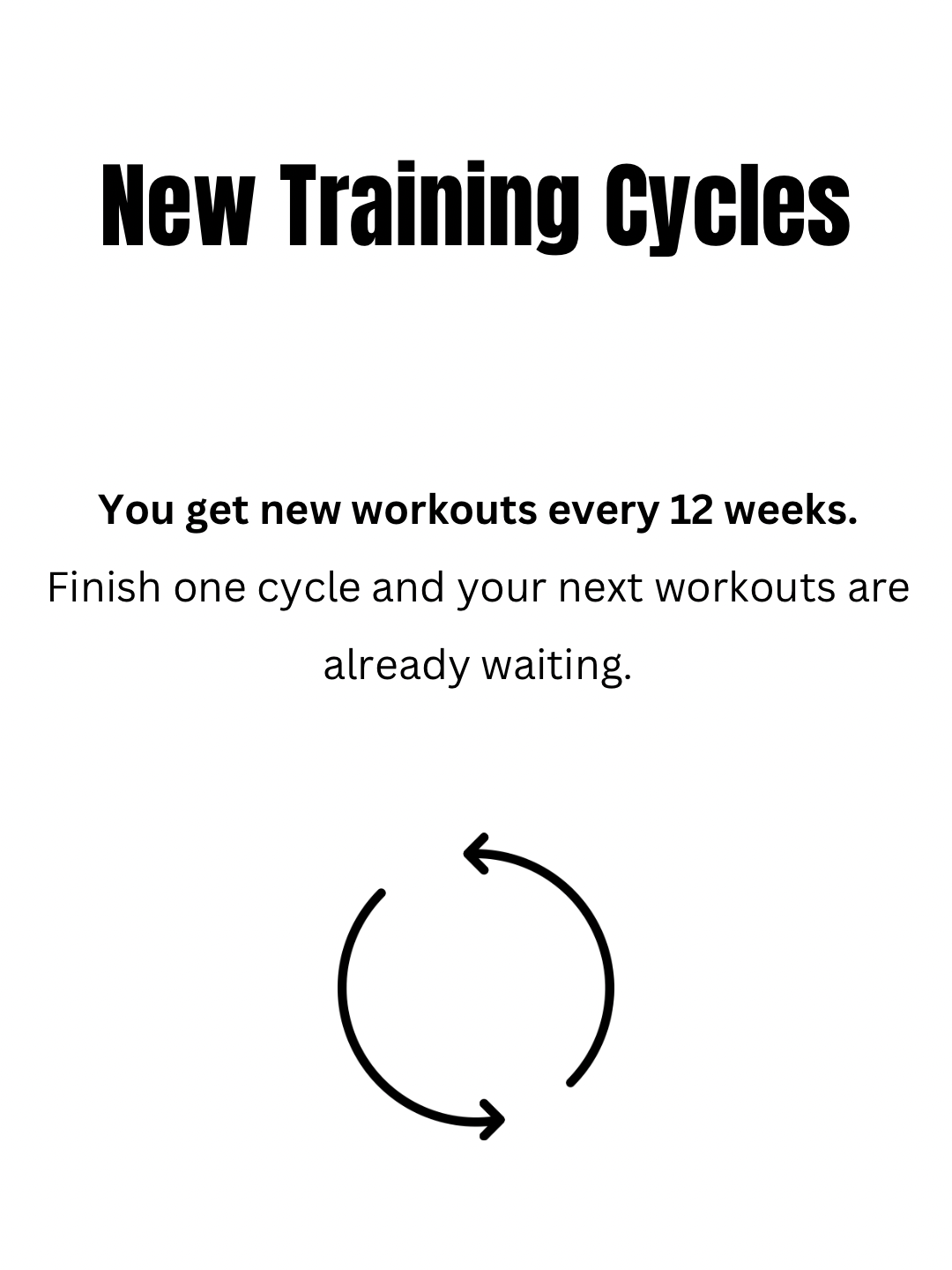 Promotional graphic for new training cycles, featuring the title 'New Training Cycles' in large bold text. Below, it states 'You get new workouts every 12 weeks. Finish one cycle and your next workouts are already waiting.' with a simple circular arrow icon below the text.