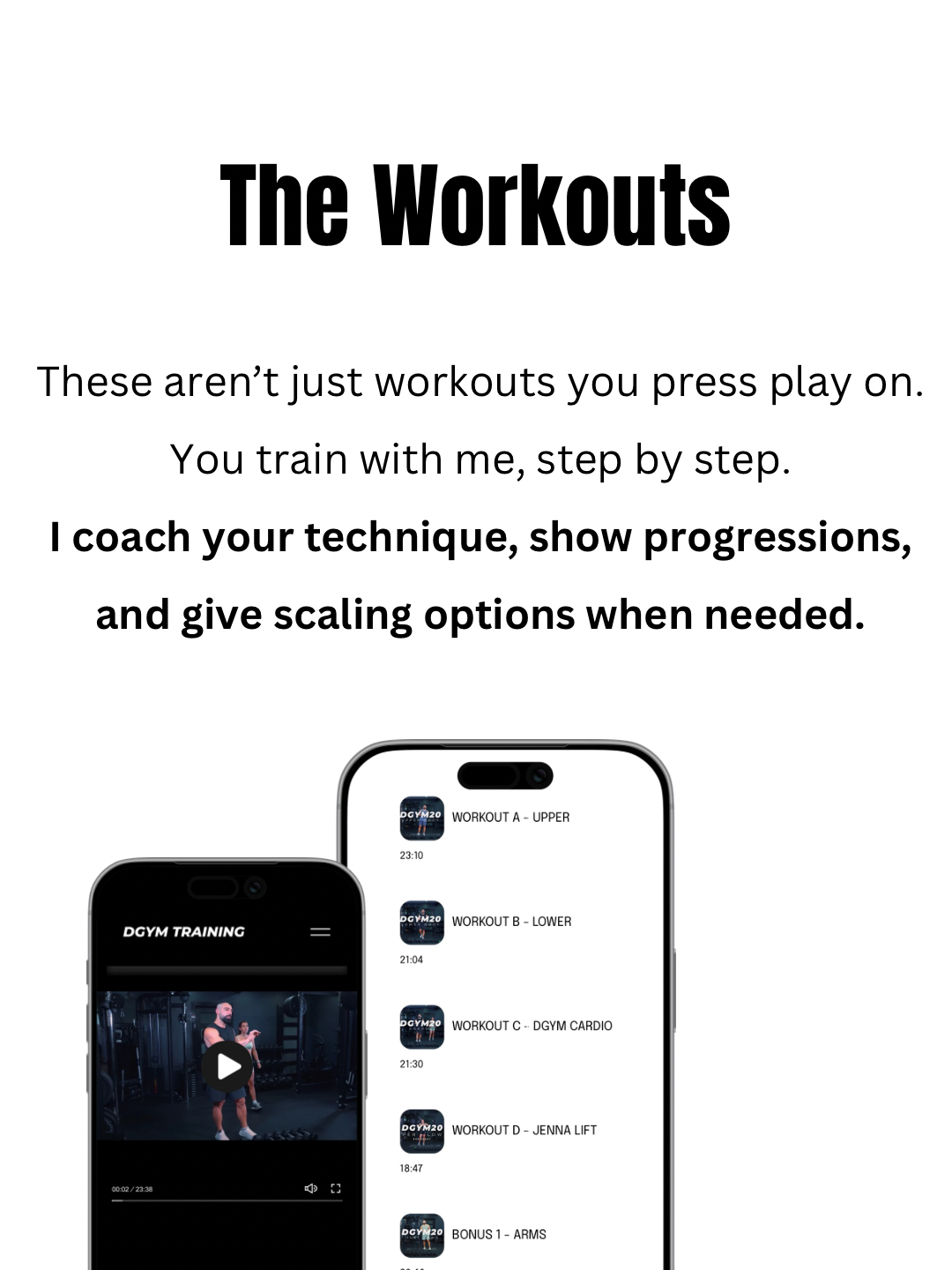 Screenshots of a fitness app displaying workout videos and playlists